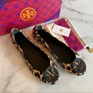 TORY BURCH Patent Leather Minnie Travel Ballet Flats Leopard Cheetah Print